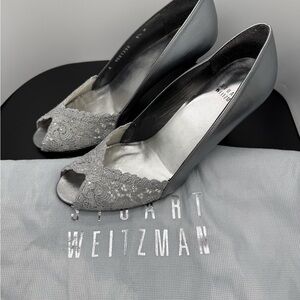 Stuart Weitzman Chantelle Silver Peep-Toe Heels